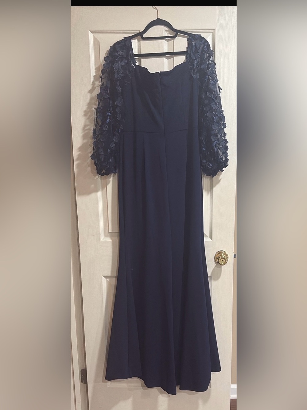 Eliza J Navy Long Sleeve 3D Floral Appliqué Gown